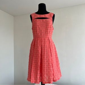 Eva Franco Pleated Coral Keyhole Polka Dot Sleeveless Fit & Flare Dress, 8